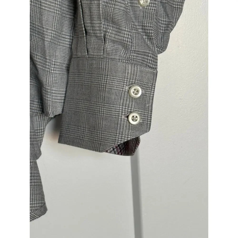 Thomas Dean Mens Pima Cotton Gray Plaid Flip Cuffs Casual Shirt L - Picture 6 of 8